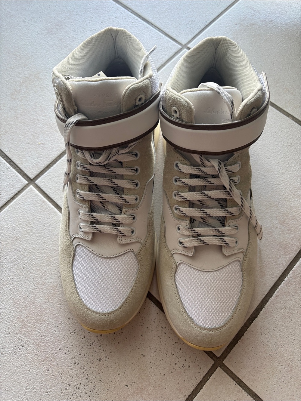 Salvatore Ferragamo Cosma Beige and White High-Top Sneakers. NTW.